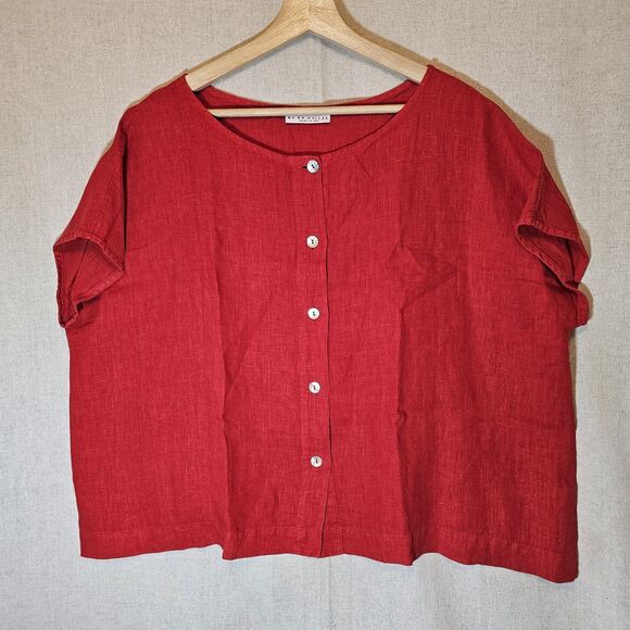 Bryn Walker Kirsh Red Bessie Light Linen Cap Sleeve Boxy Button Front Shirt M - Picture 1 of 11